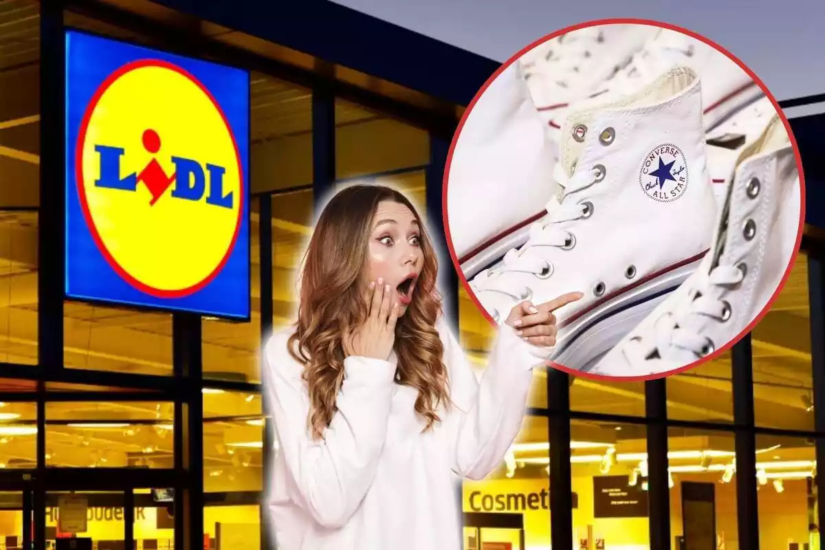 Dona sorpresa assenyalant sabatilles converse i de fons un supermercat Lidl