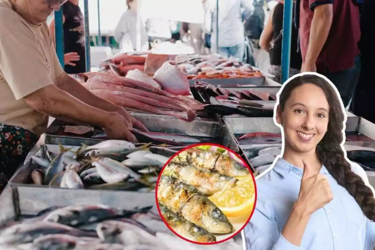 Imatge de fons d'una peixateria, amb una altra amb un plat de sardines i una dona amb gest d'aprovació
