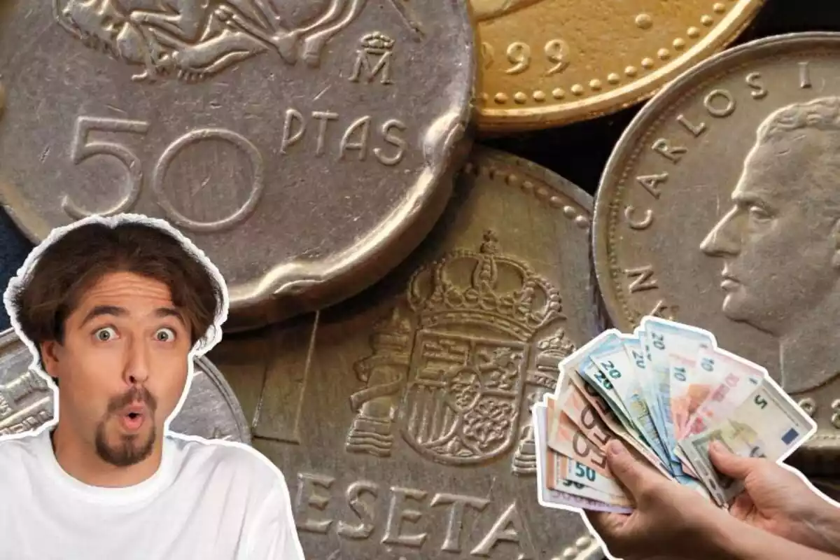 Imatge de fons de diverses monedes de pessetes i una altra d?un home amb gest sorprès i una altra d?una persona amb bitllets d?euros a les mans
