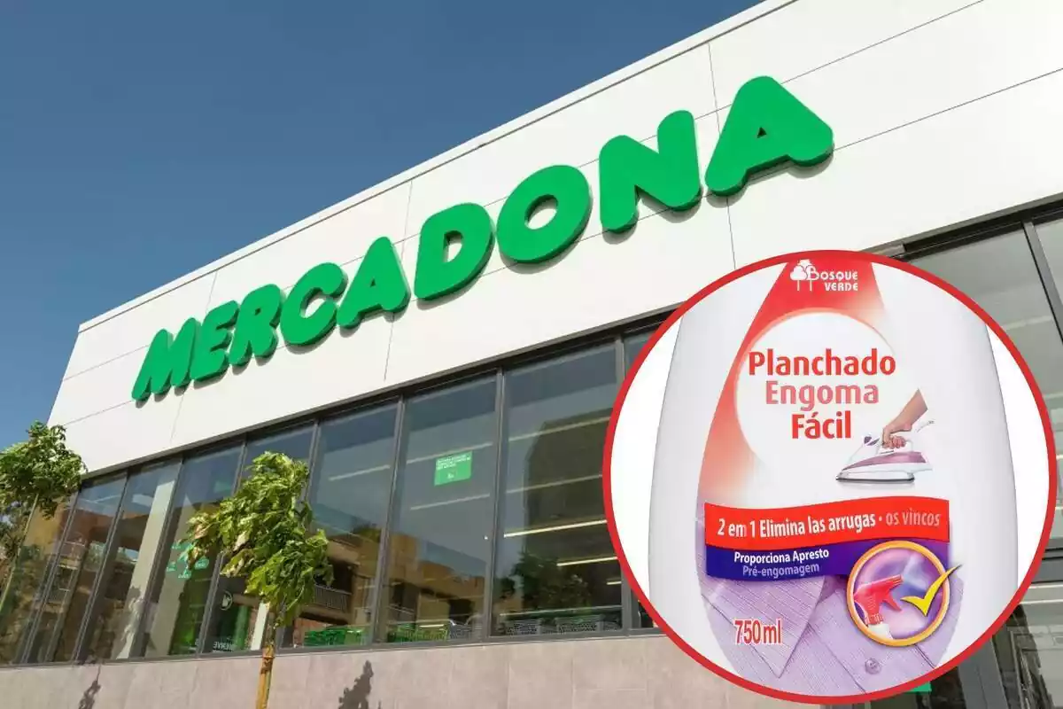 Muntatge amb un supermercat de Mercadona i en un cercle inferior el producte de planxa fàcil