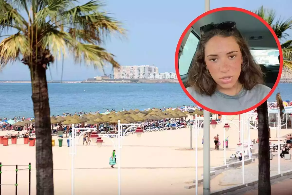 Fotomuntatge de platja de Cadis i captura del vídeo d'una tiktoker gaditana (@albamolledax) amb una camiseta gris