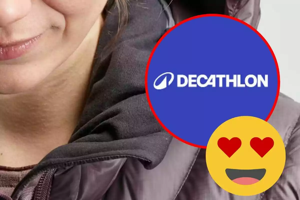 Una persona amb una jaqueta fosca i un logotip de Decathlon superposat al costat d'un emoji de cara somrient amb ulls de cor.