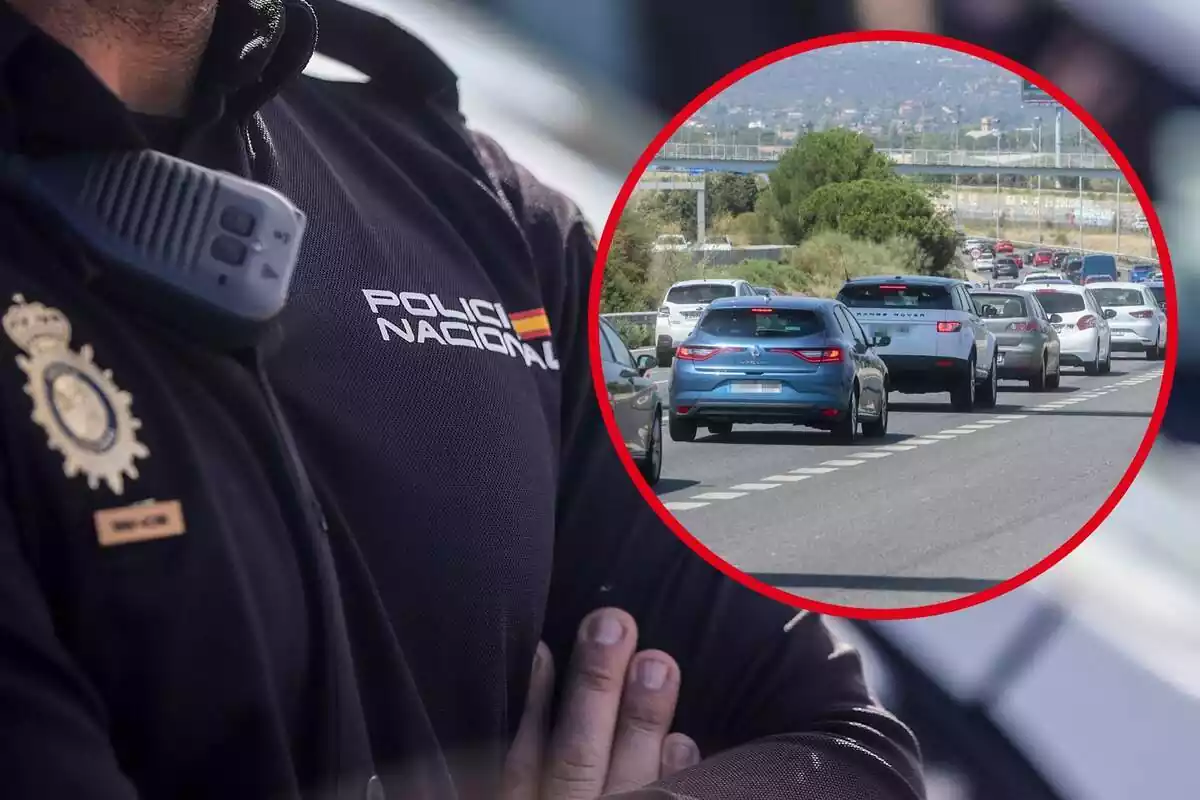 Imatge de fons d'un agent de Policia i una altra de cotxes circulant per una carretera