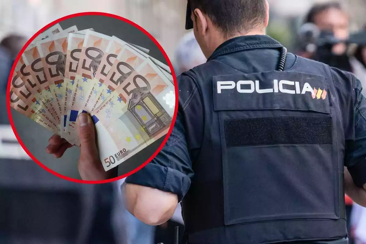 Muntatge amb una imatge de fons d'agents de la Policia Nacional i una imatge de bitllets de 50 euros