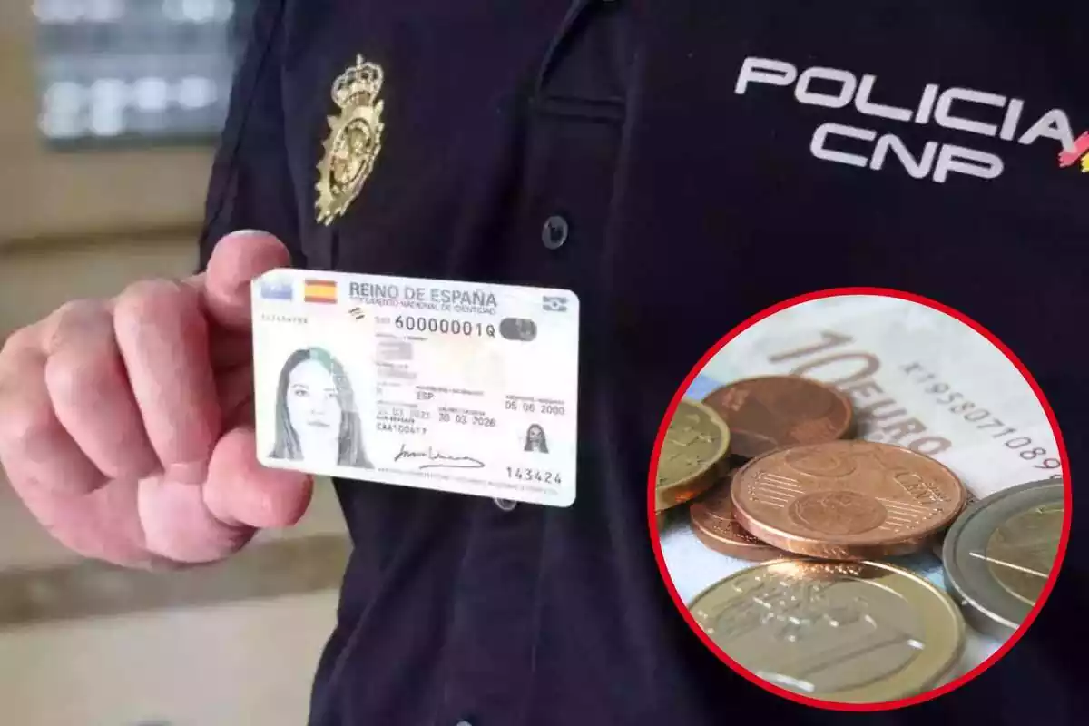 Imatge de fons d'un agent de la Policia Nacional amb un DNI de mostra a la mà i una altra imatge de diverses monedes d'euro i un bitllets de 10