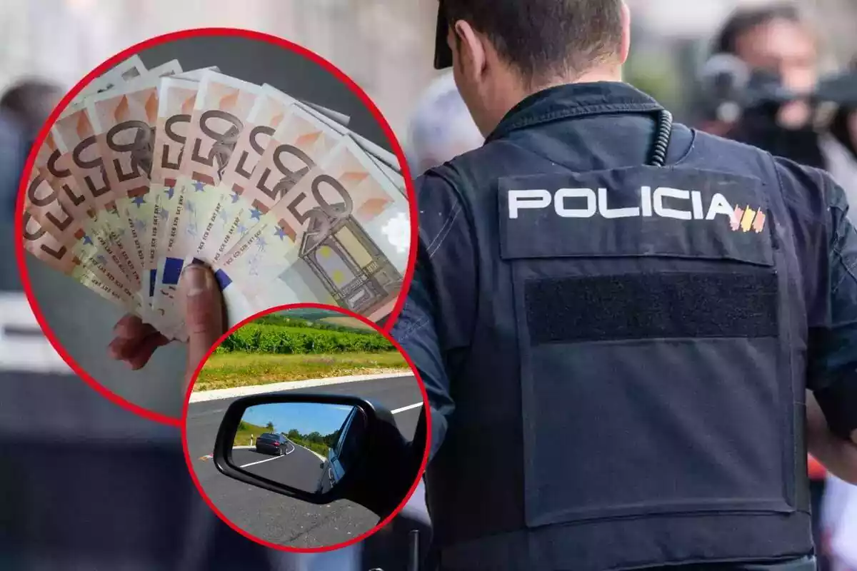 Muntatge amb una imatge de fons d'un policia i una altra de mà subjectant bitllets de 50 euros i una altra imatge d'un retrovisor
