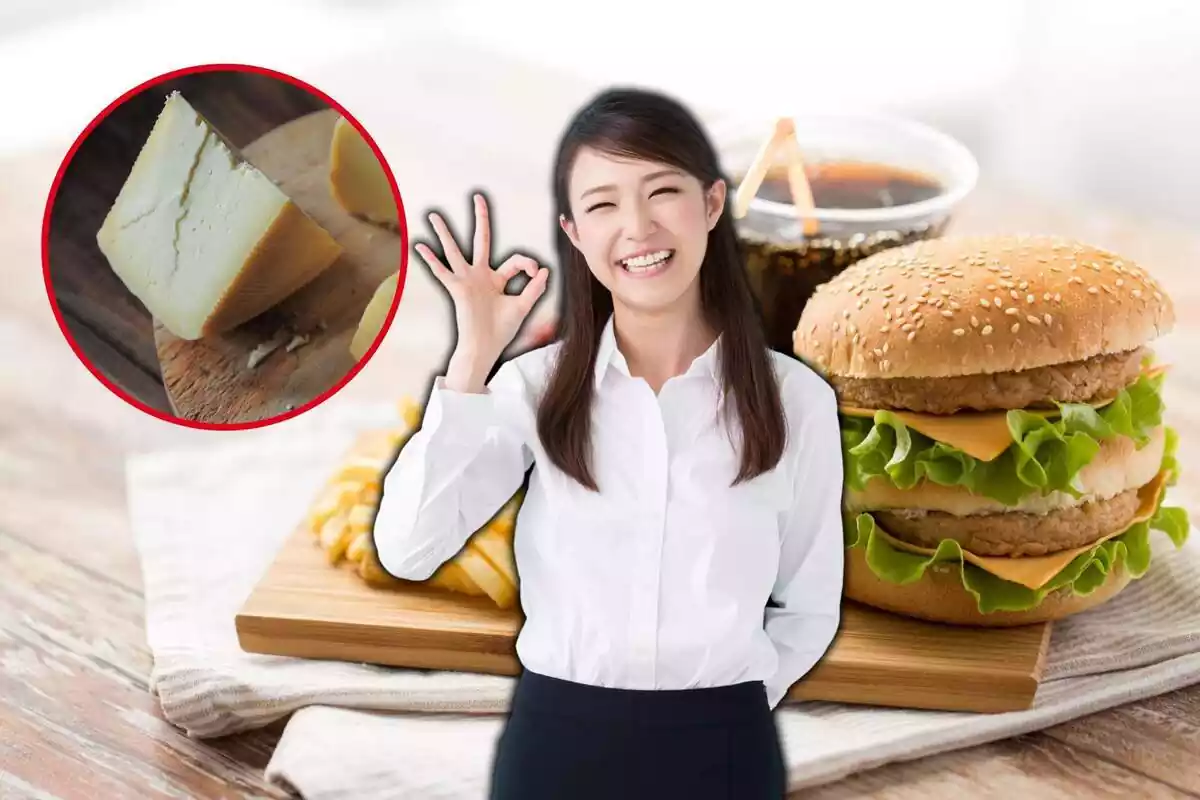 Muntatge amb hamburguesa, patates fregides i beguda ensucrada de fons, amb cercle vermell amb tros de formatge i japonesa fent 'ok'