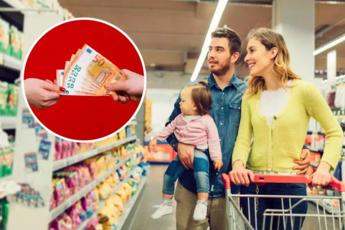 Família comprant al supermercat amb una imatge a l'esquerra de dues persones intercanviant-se bitllets de 50 euros