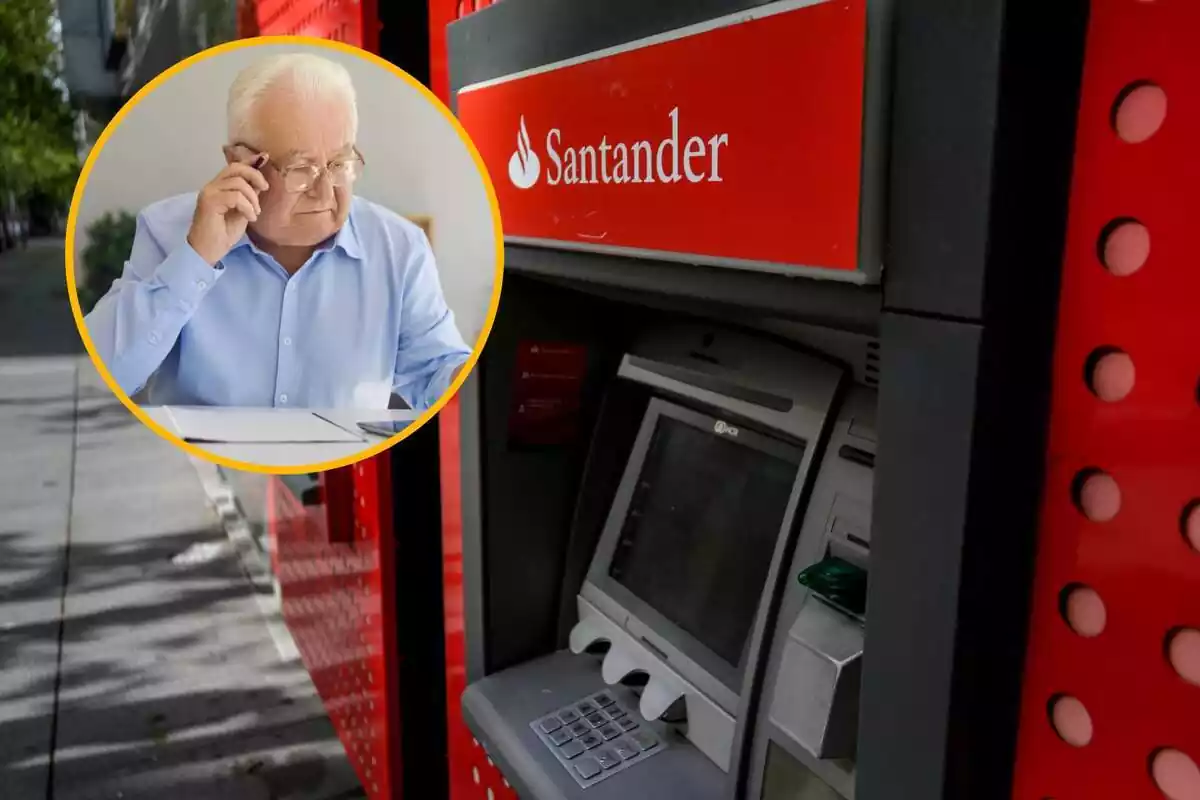 Muntatge amb caixer automàtic del Banco Santander i cercle groc amb home gran amb ulleres
