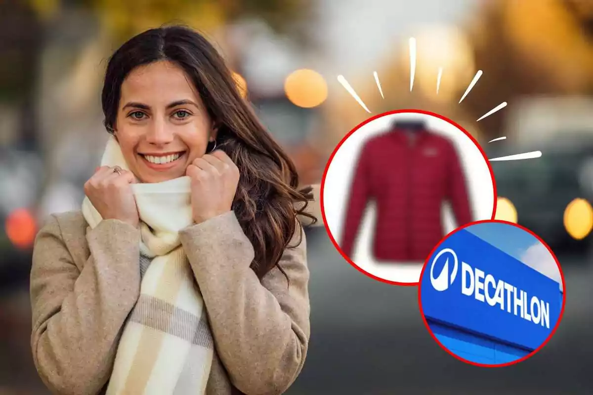 Dona somrient amb bufanda i abric en un entorn urbà amb imatges superposades d´una jaqueta vermella i el logotip de Decathlon.