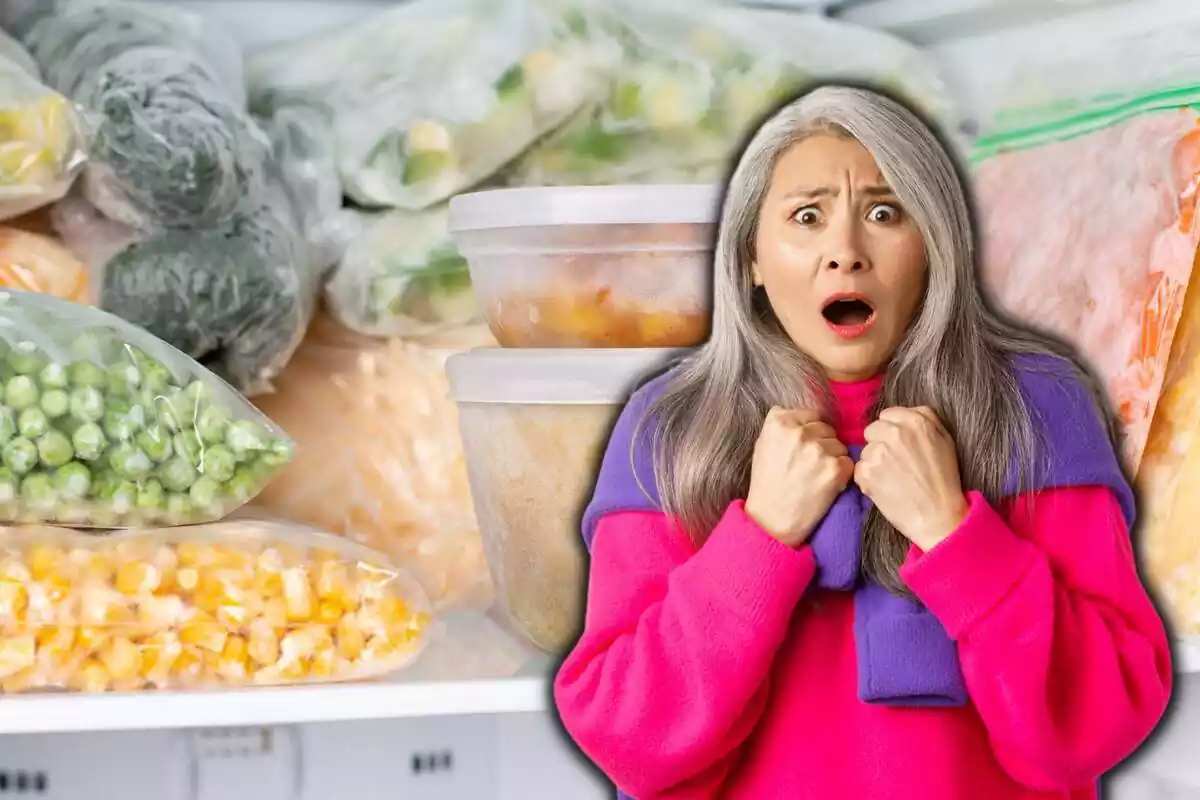 Dona espantada amb una imatge de fons d'un congelador amb aliments congelats Dona espantada amb una imatge de fons d'un congelador amb aliments congelats