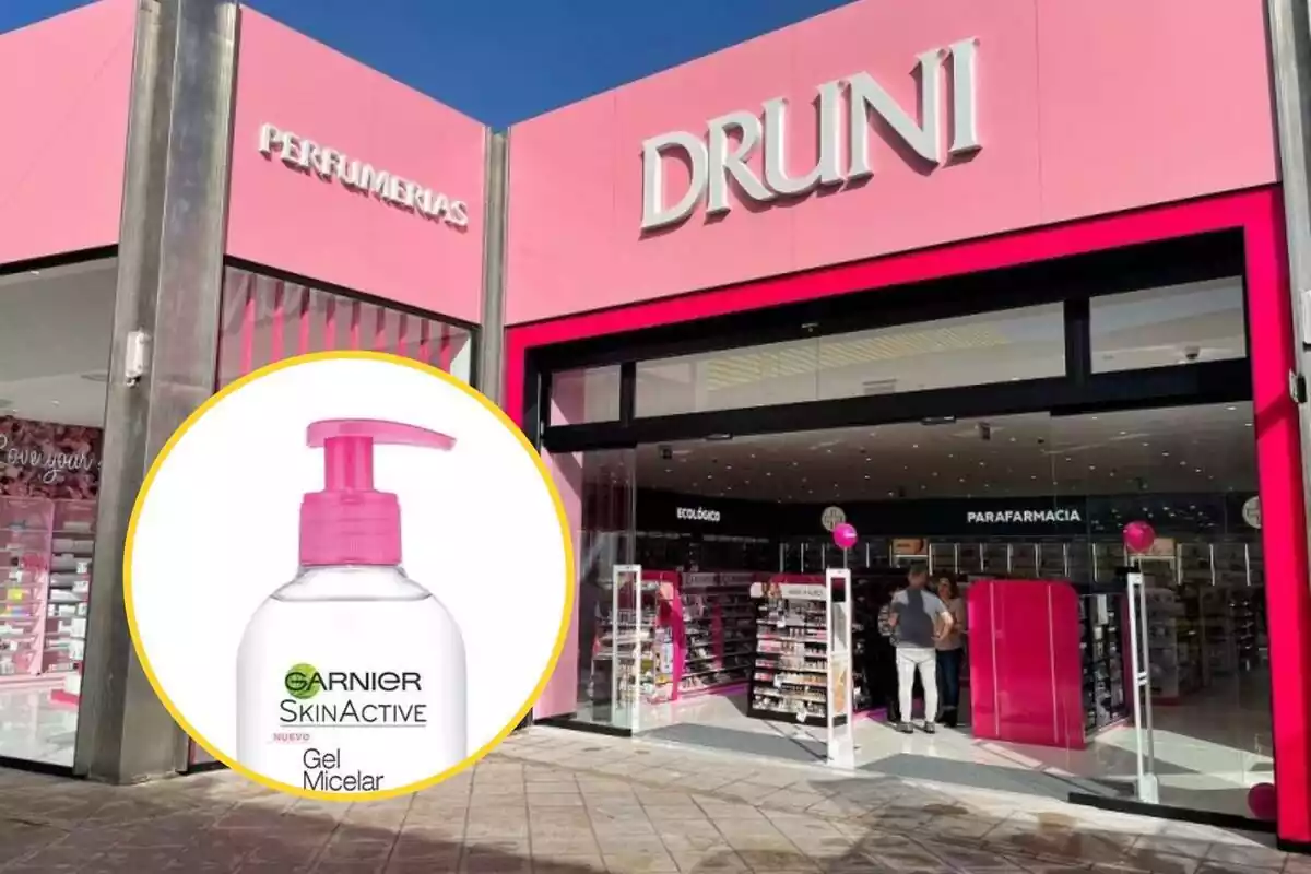 Muntatge amb botiga de Druni i cercle groc amb pot d'aigua micel·lar Skin Active de Garnier