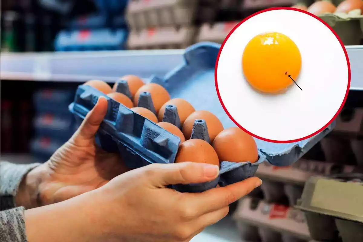 Muntatge amb persona subjectant una ouera en un supermercat i cercle vermell amb rovell d'ou amb puntet vermell