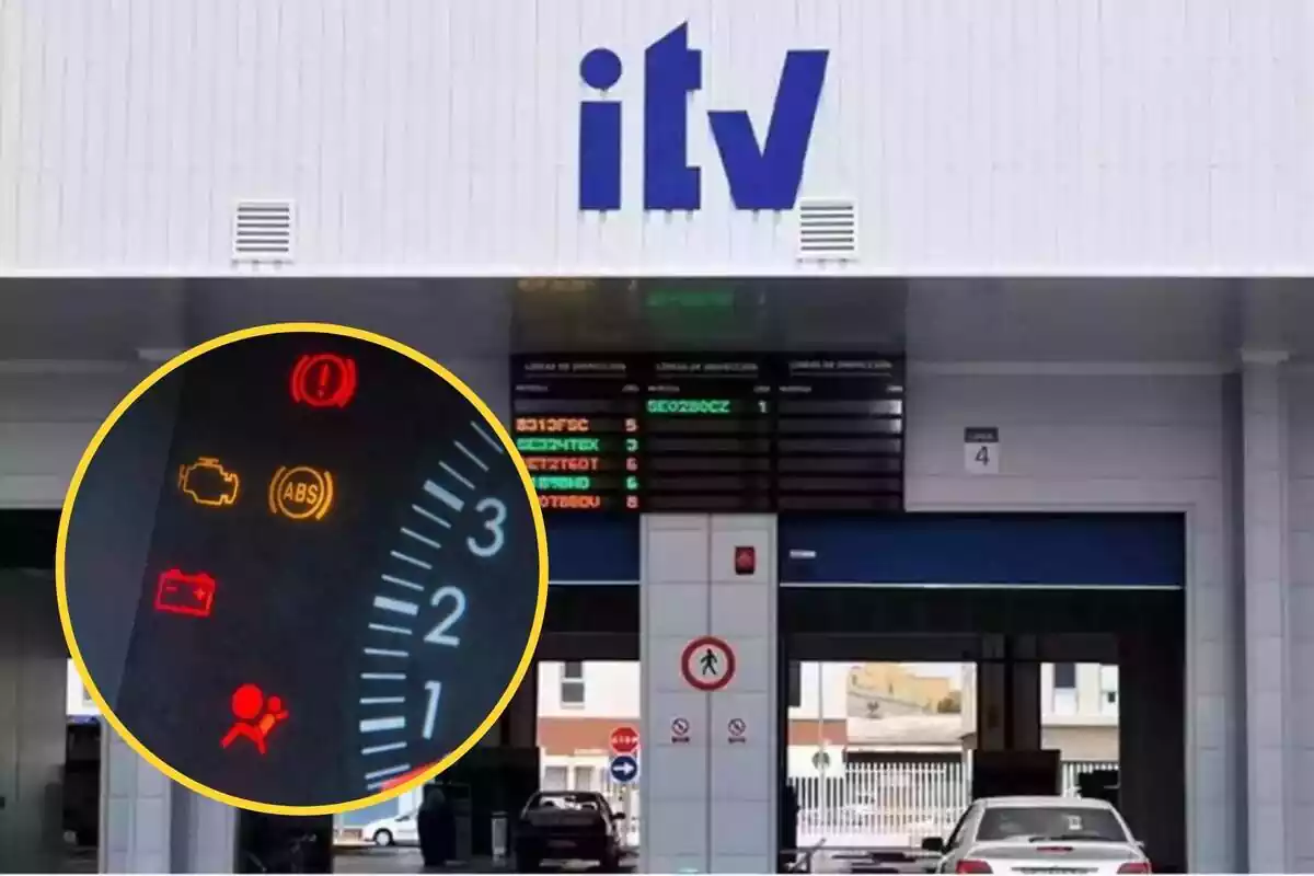 Muntatge amb estació d'ITV i cercle groc amb llums encesos al quadre d'instruments del cotxe
