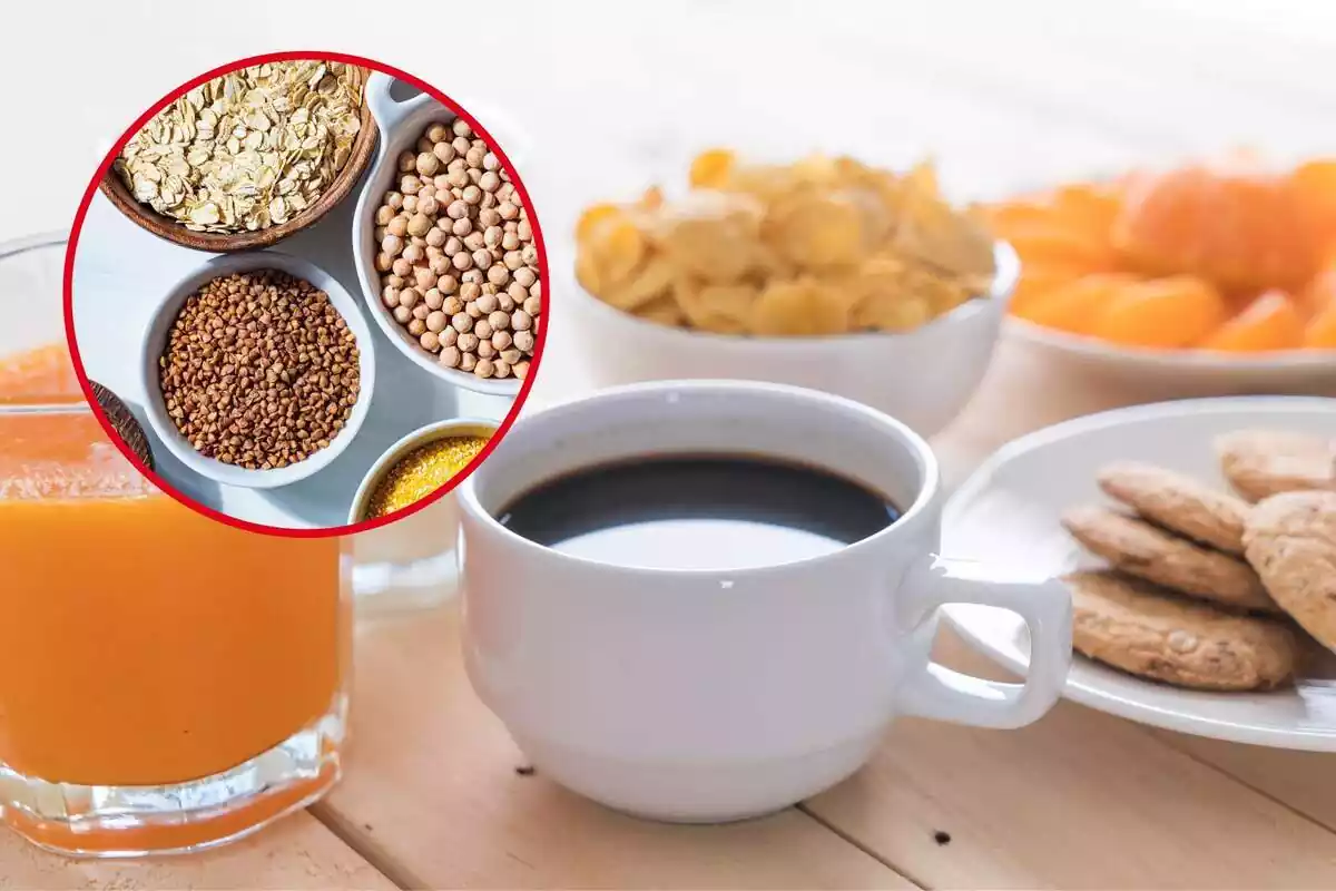 Muntatge amb tassa de cafè, got de suc de taronja, plat amb galetes i bol amb cereals i cercle vermell amb diferents llegums