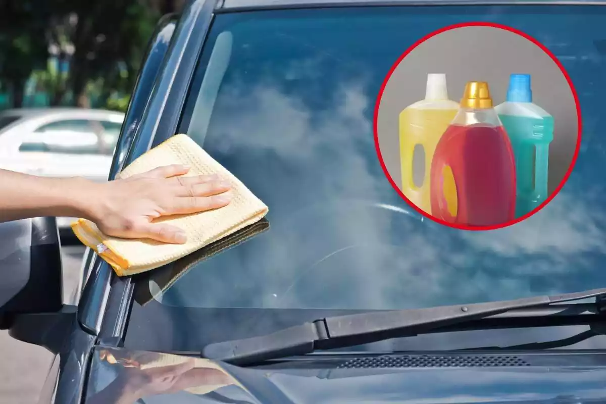 Muntatge amb persona netejant la lluna del cotxe amb un drap taronja i cercle vermell amb 3 pots de diferents productes