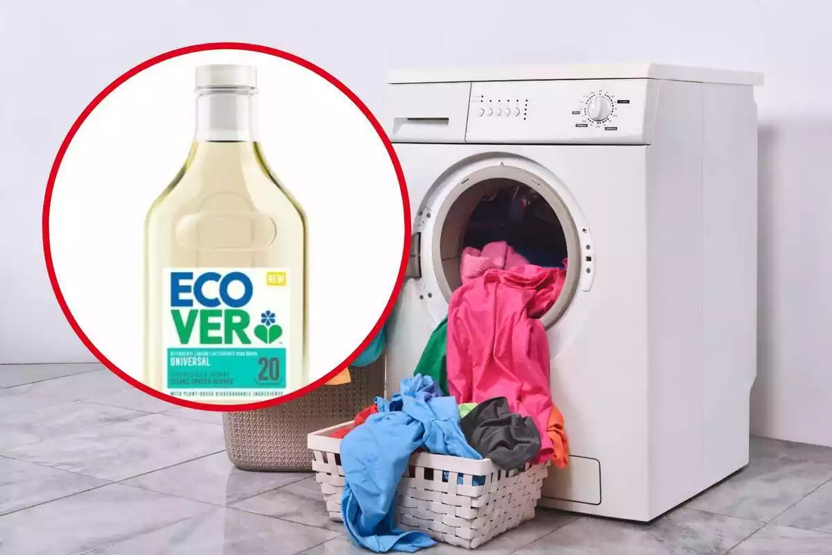 Montaje con lavadora y ropa saliendo de ella y círculo rojo con bote de detergente Ecovergente Montaje con lavadora y ropa saliendo de ella y círculo rojo con bote de detergente Ecovergente