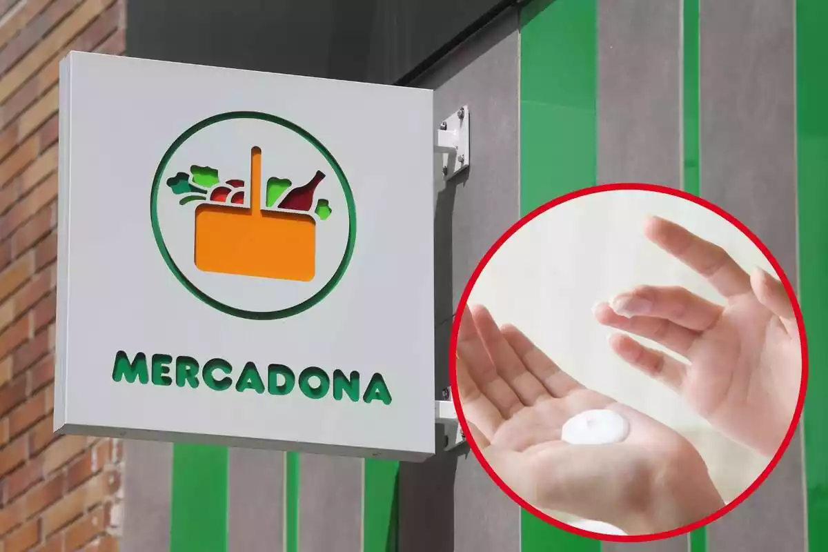 Imatge del cartell d´un establiment de Mercadona amb una imatge a la dreta d´unes mans amb crema hidratant