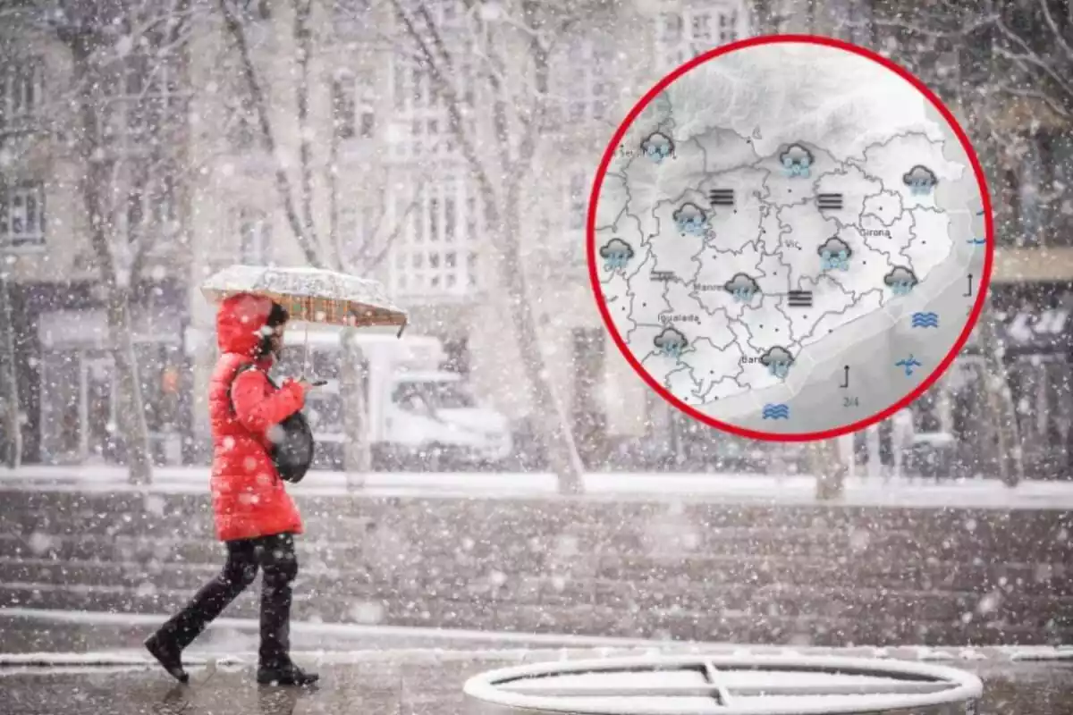 Muntatge amb neu a ciutat i dona amb jaqueta vermella i paraigua i cercle vermell amb mapa de la predicció de dimecres a la tarda