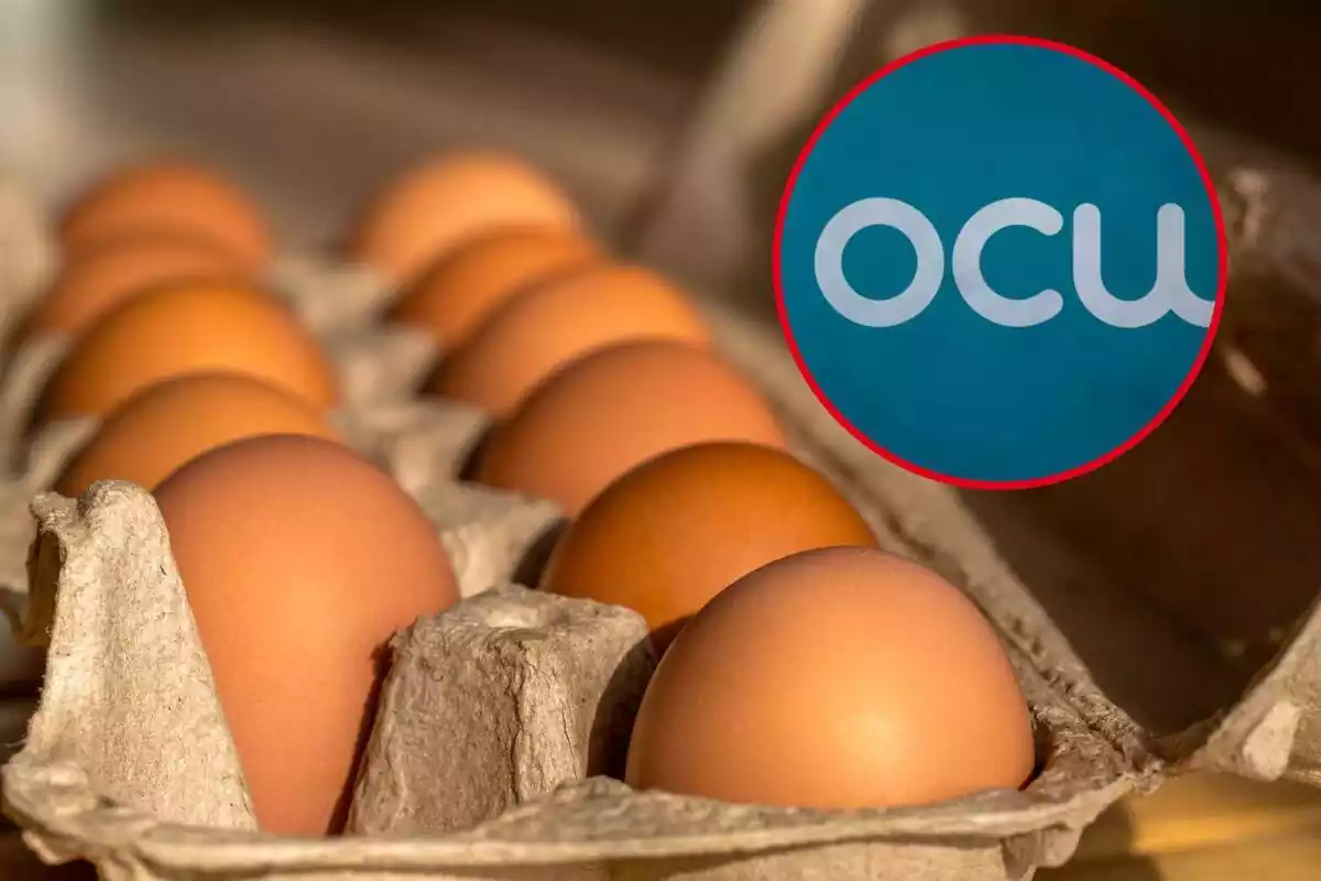 Muntatge amb conjunt d'ous i cercle vermell amb logo de l'OCU
