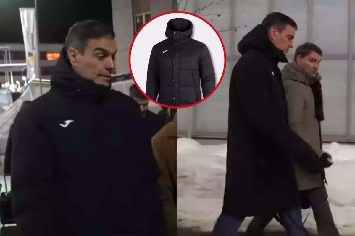 Dues imatges de Pedro Sánchez caminant amb un anorac de la marca Joma i una imatge destacada al mig amb una foto de l'abric