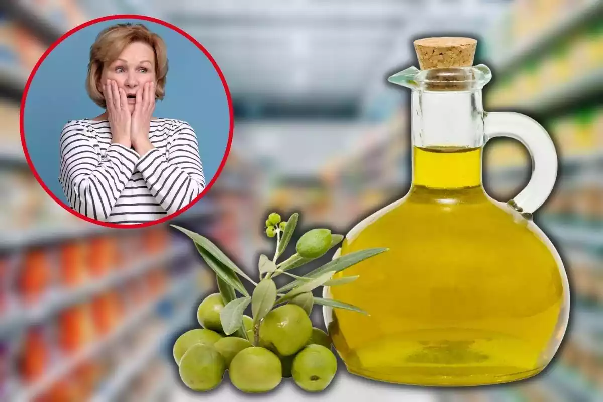 Setrill ple d'oli d'oliva amb el fons difuminat d'un supermercat acompanyat d'una foto destacada d'una senyora sorpresa