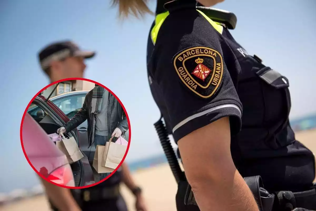 Muntatge amb dos agents de la Guàrdia Urbana de Barcelona i cercle vermell amb persona ficant bosses al maleter del cotxe