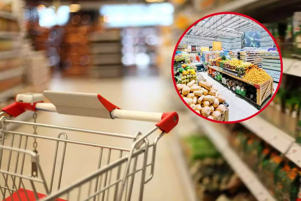 Muntatge amb carret de la compra i cercle vermell amb aliments en un supermercat
