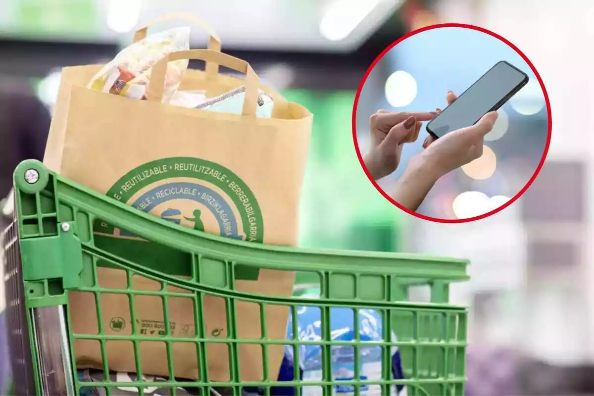 Muntatge amb carret de la compra i bossa de Mercadona i cercle vermell amb mans subjectant telèfon mòbil