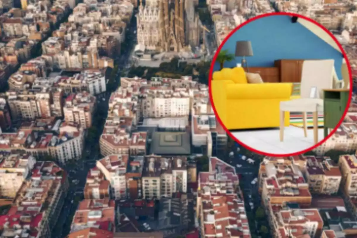 Imatge aèria de Barcelona amb una imatge destacada a la dreta d´una botiga de mobles