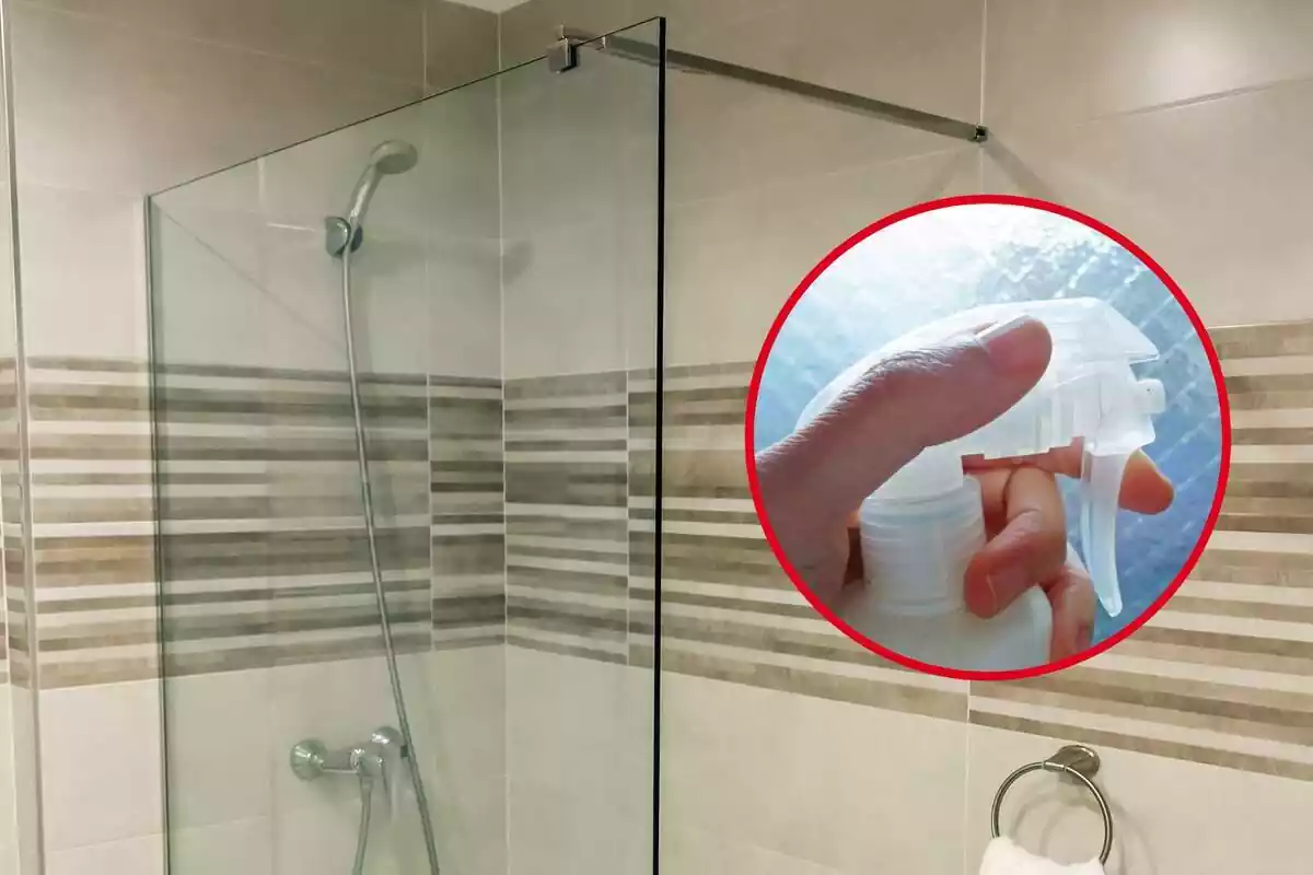 Muntatge amb dutxa amb mampara i cercle vermell amb mà subjectant un polvoritzador