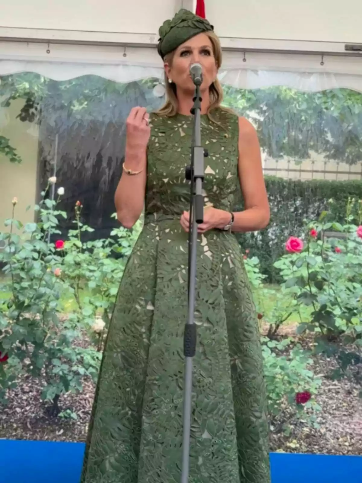 Màxima d’Holanda amb vestit i barret verd parlant davant d’un micròfon en un jardí amb roses al fons Màxima d’Holanda amb vestit i barret verd parlant davant d’un micròfon en un jardí amb roses al fons