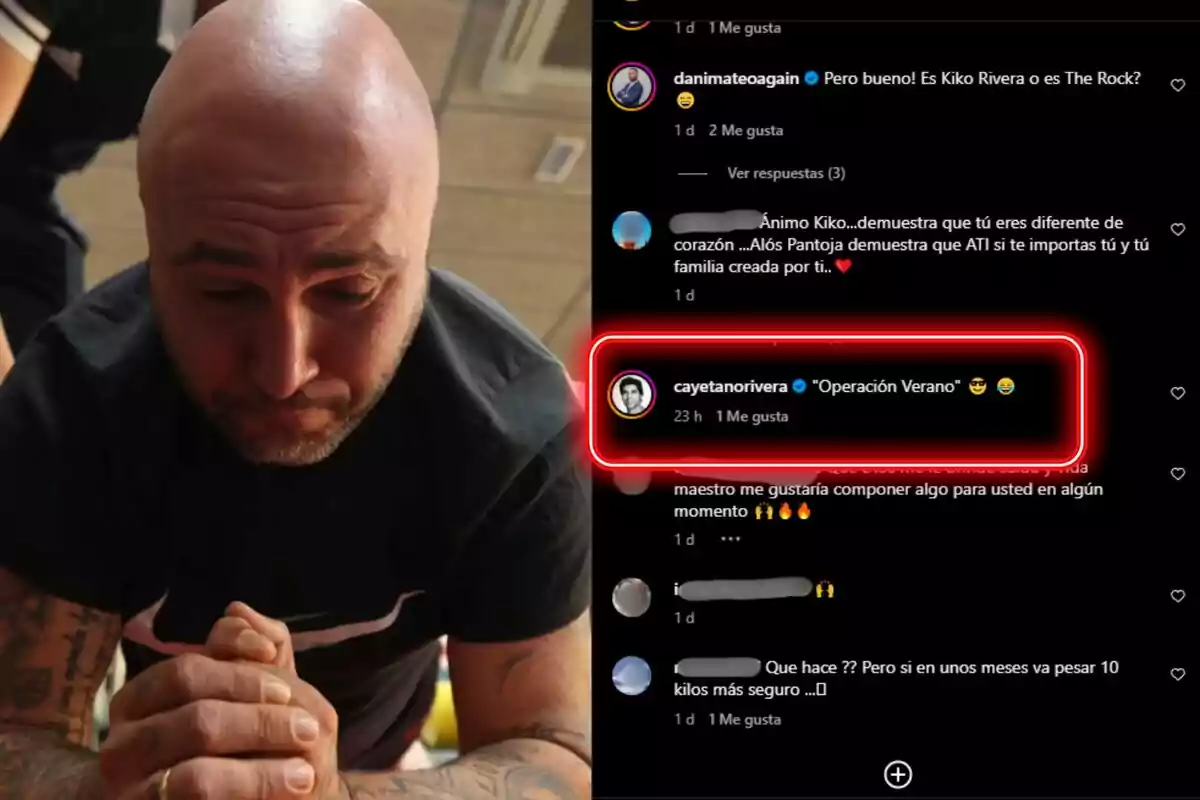 Kiko Rivera està inclinat cap endavant amb les mans juntes, mentre a la part dreta de la imatge es veuen comentaris d'una publicació a les xarxes socials. Kiko Rivera està inclinat cap endavant amb les mans juntes, mentre a la part dreta de la imatge es veuen comentaris d'una publicació a les xarxes socials.