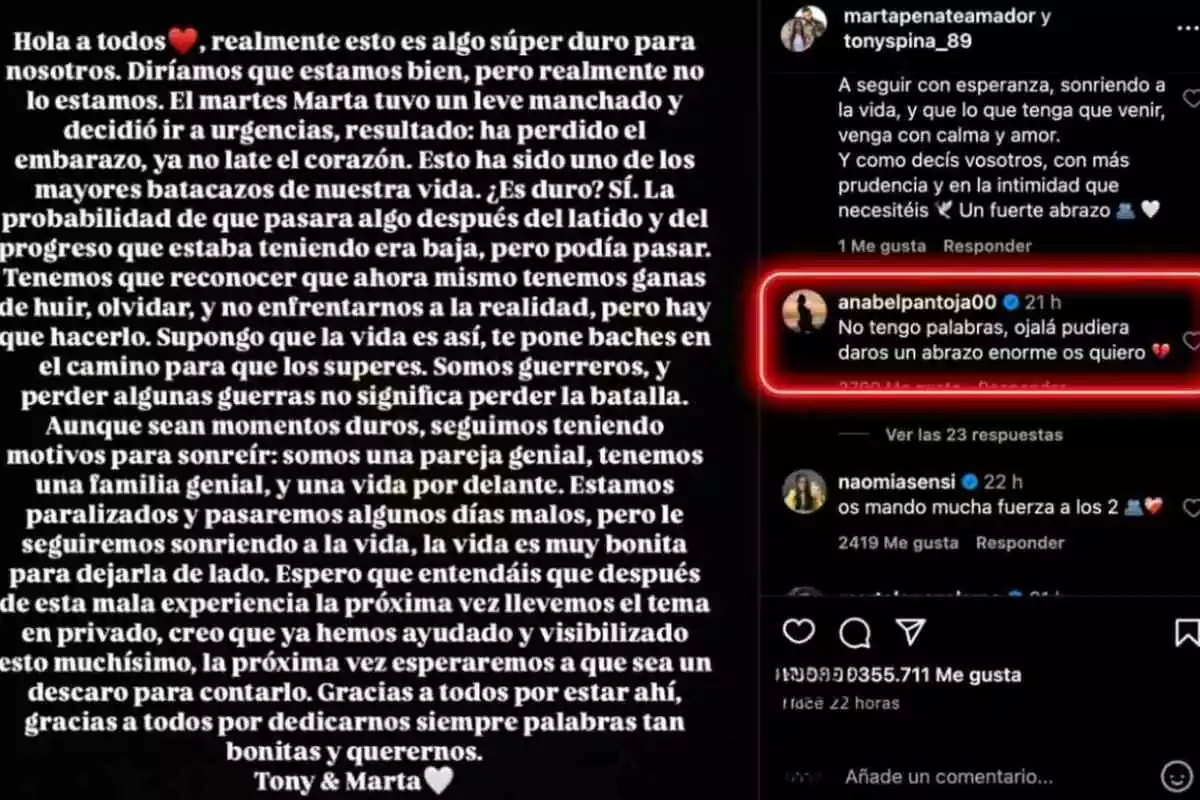Captura de pantalla d’una publicació a Instagram on una parella comparteix un missatge sobre la pèrdua d’un embaràs i rep missatges de suport i ànim dels seus seguidors. Captura de pantalla d’una publicació a Instagram on una parella comparteix un missatge sobre la pèrdua d’un embaràs i rep missatges de suport i ànim dels seus seguidors.