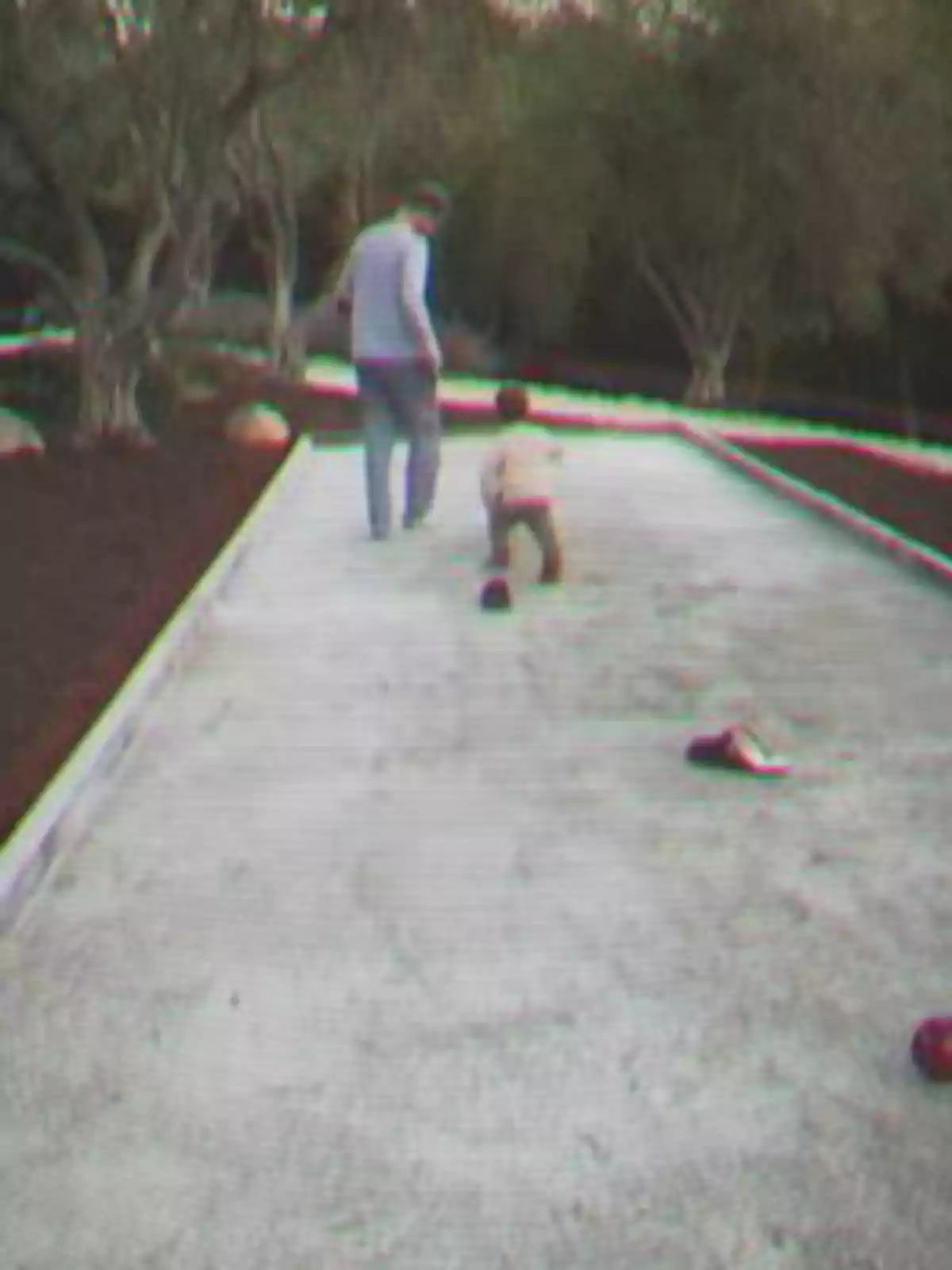 Prince Harry and Archie walk together along a path surrounded by trees while some objects are scattered on the ground. Prince Harry and Archie walk together along a path surrounded by trees while some objects are scattered on the ground.