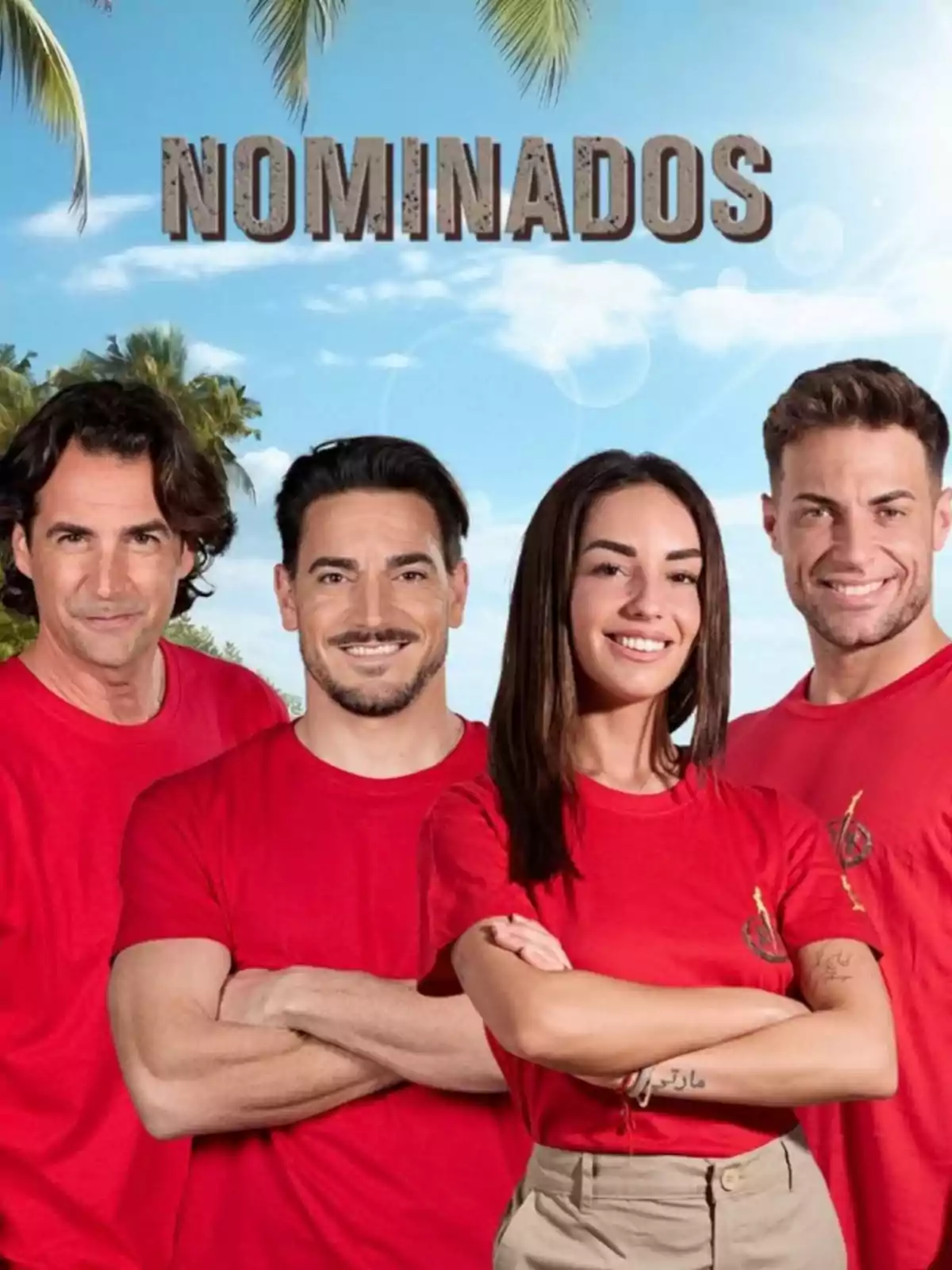 Álex Adrover, Damián Quintero, Anita i Montoya amb samarretes vermelles posen somrients sota la paraula nominats amb un fons de cel blau i palmeres Álex Adrover, Damián Quintero, Anita i Montoya amb samarretes vermelles posen somrients sota la paraula nominats amb un fons de cel blau i palmeres