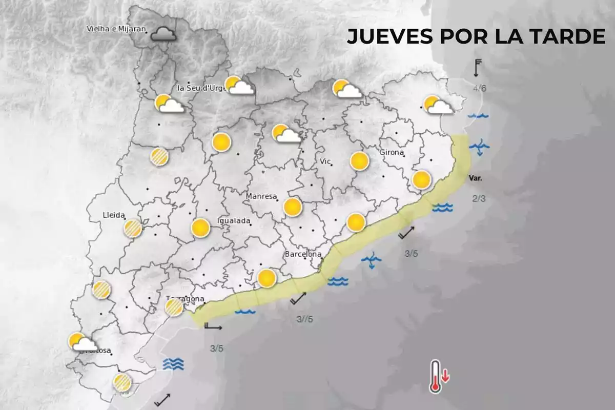 Mapa de símbolos del Meteocat para el jueves por la tarde