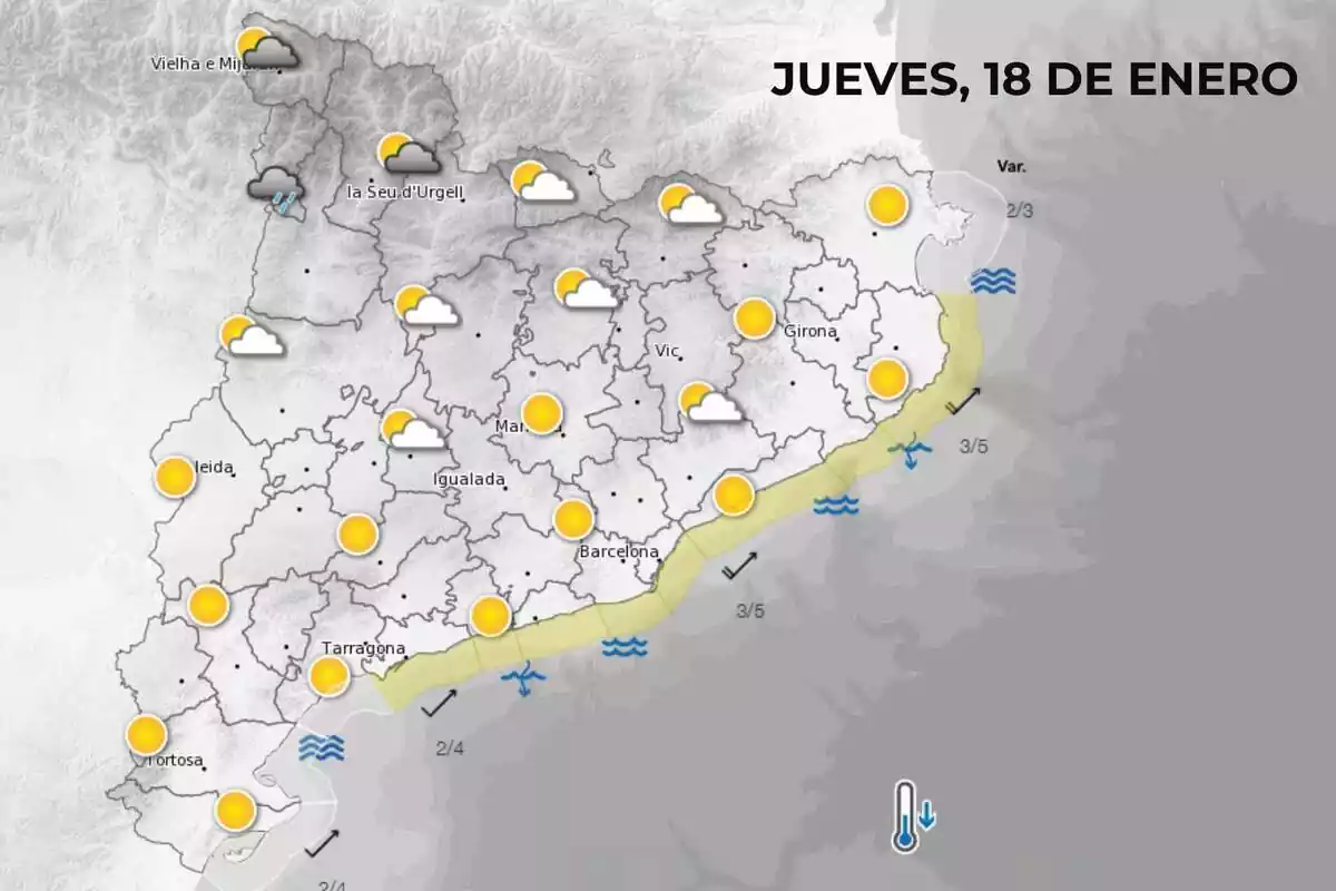 Mapa de símbolos del Meteocat para el jueves, 18 de enero, por la mañana