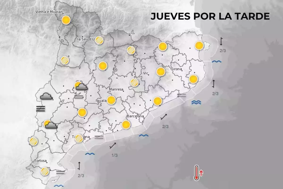 Mapa de símbolos del Meteocat para el jueves por la tarde