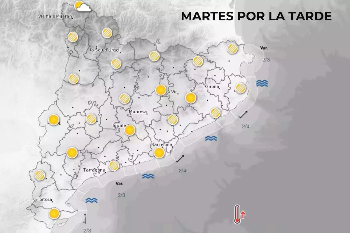 Mapa de símbolos del Meteocat para el martes por la tarde