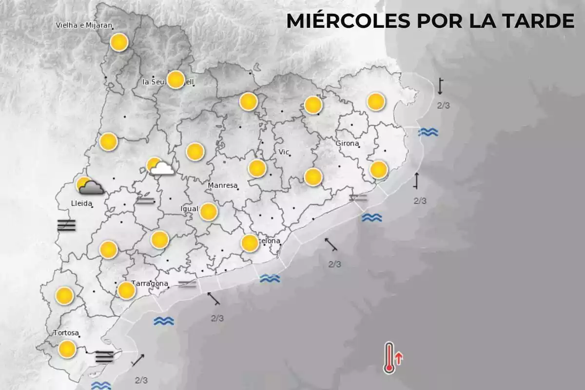 Mapa de símbolos del Meteocat para el miércoles por la tarde