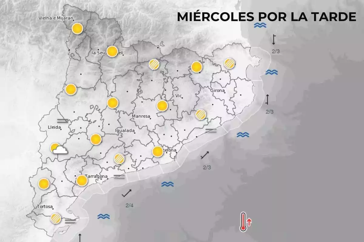 Mapa de símbolos del Meteocat para el miércoles por la tarde