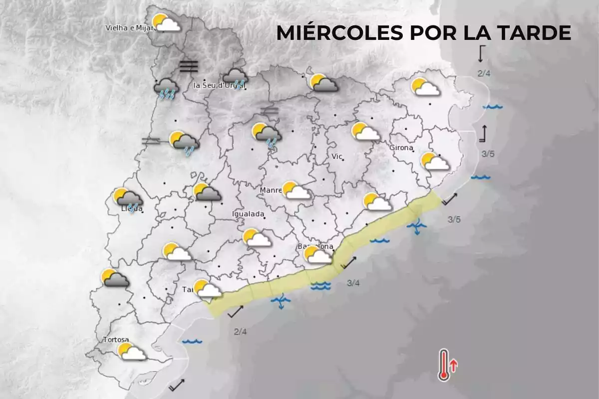 Mapa de símbolos del Meteocat para el miércoles por la tarde