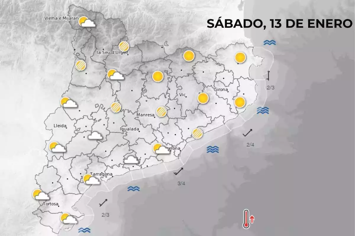 Mapa con la previsión del Meteocat para el sábado, 13 de enero de 2024