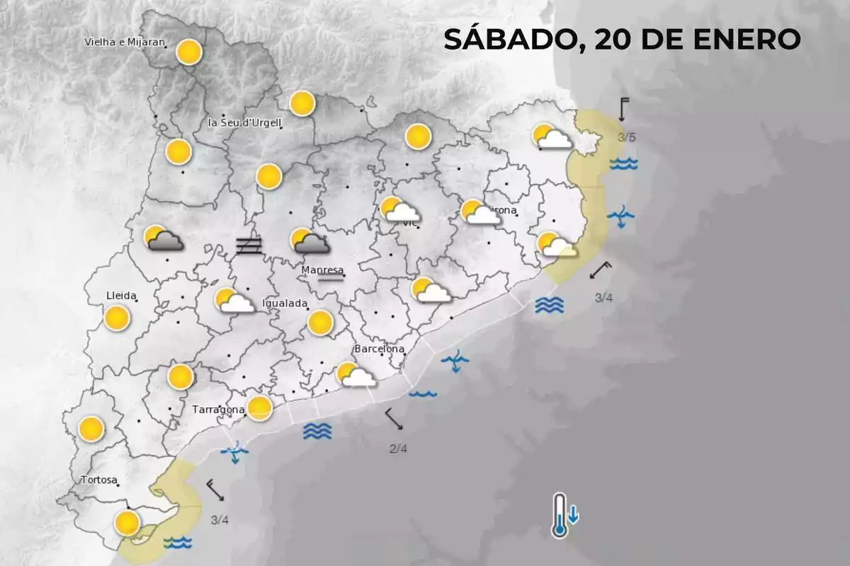 Mapa de símbolos del Meteocat para el sábado por la mañana