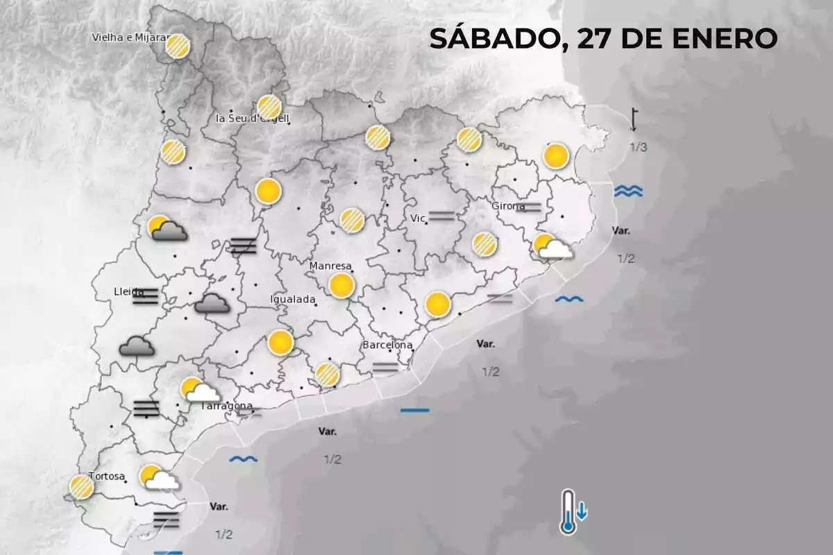 Mapa de símbolos del Meteocat para el sábado, 27 de enero, por la mañana