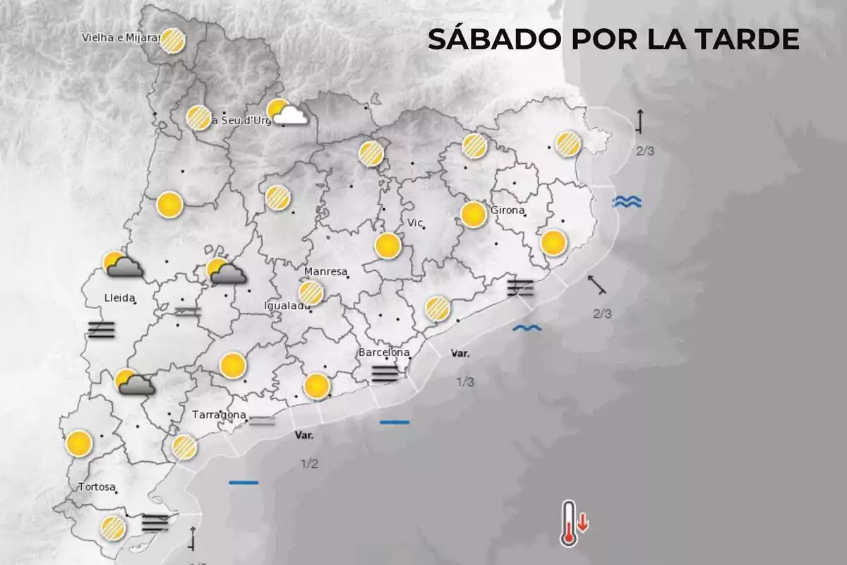 Mapa de símbolos del Meteocat para el sábado por la tarde