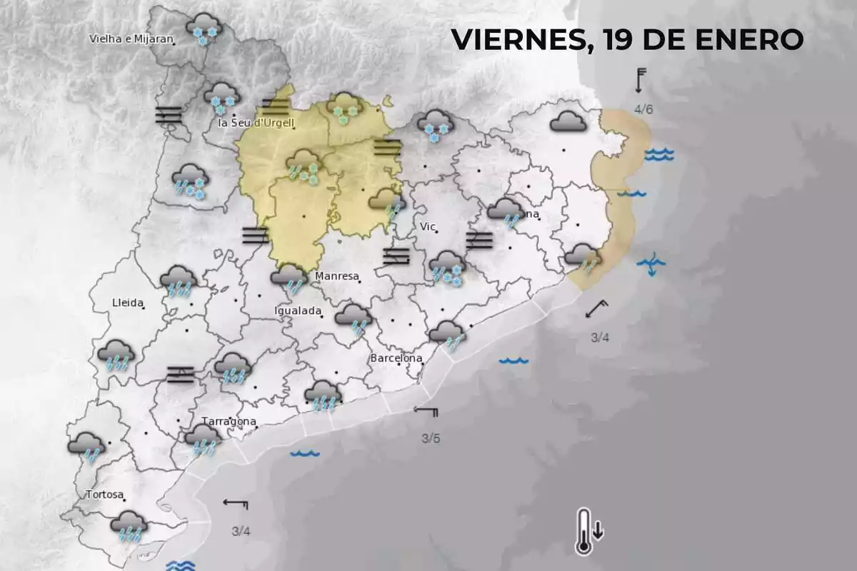 Mapa de símbolos del Meteocat con la previsión para el viernes, 19 de enero