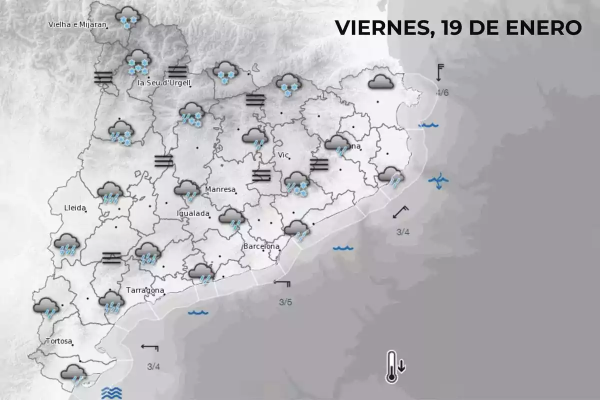 Mapa de símbolos del Meteocat para el viernes, 19 de enero, por la mañana