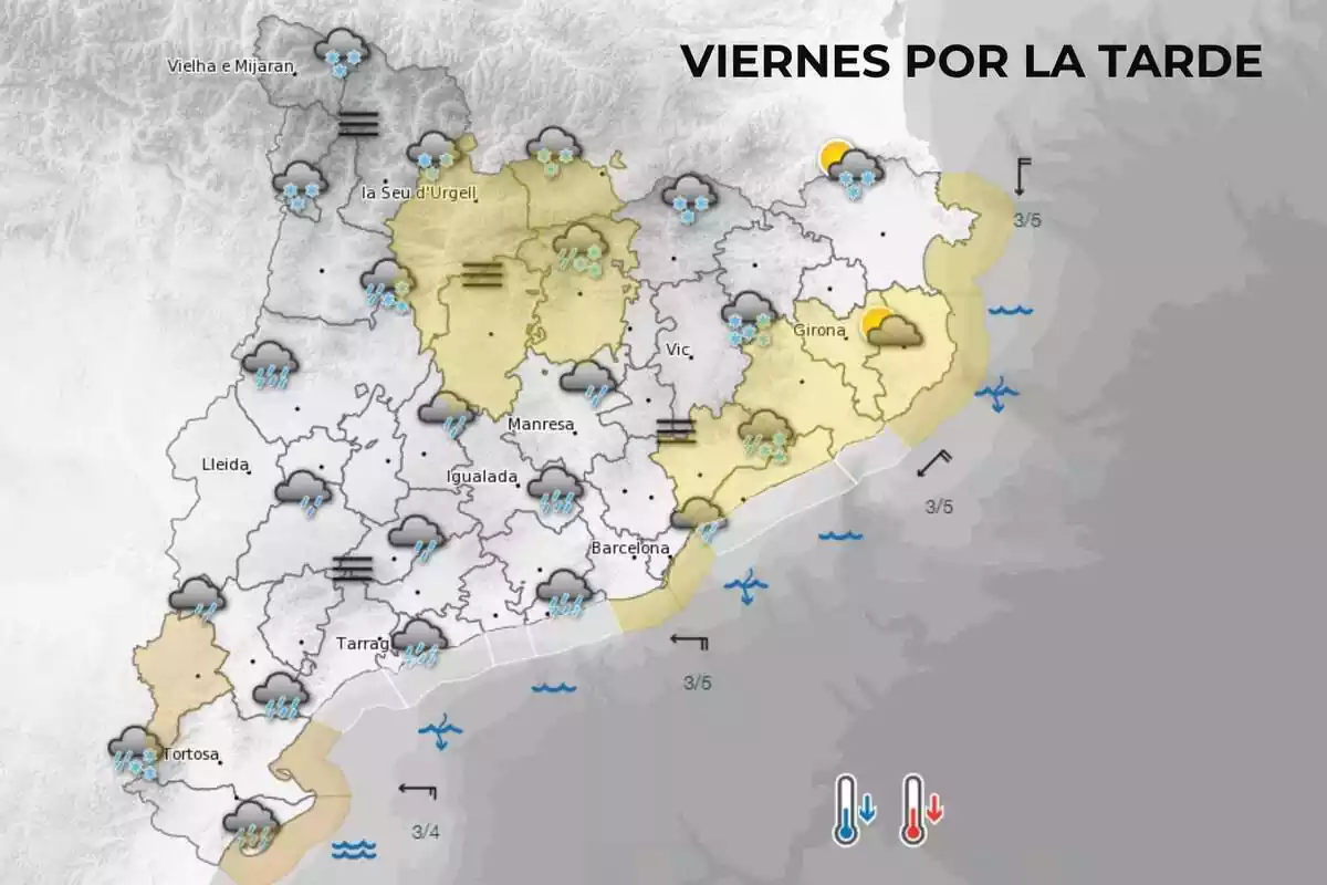 Mapa de símbolos del Meteocat para el viernes por la tarde